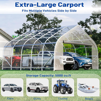 EROMMY 20x20 FT Heavy Duty Durable Carport, Galvanized Steel Frame Garage Shelter and Outdoor Storage, Waterproof 3-Layer PE Cover, Fits 2 Cars, Boat, Farm Equipment, Silver Gray