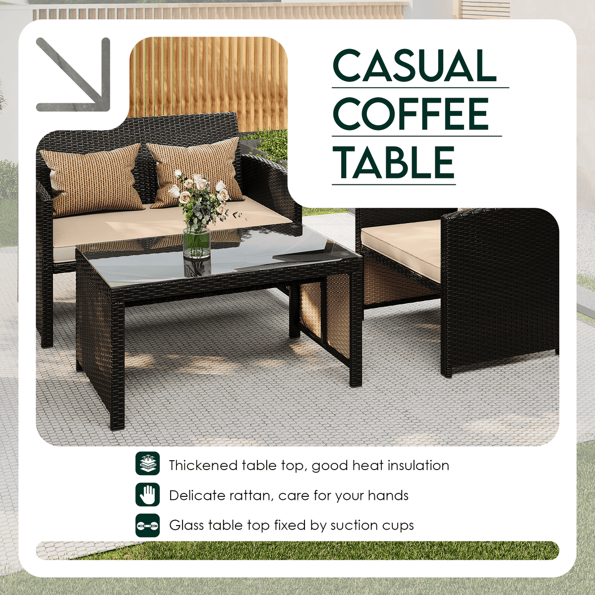 EROMMY 4-Piece Patio Furniture Set, Outdoor Wicker Patio Conversation Set with Cushions, Sofa & Glass Coffee Table, Khaki