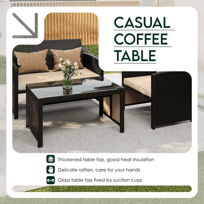 EROMMY 4-Piece Patio Furniture Set, Outdoor Wicker Patio Conversation Set with Cushions, Sofa & Glass Coffee Table, Khaki
