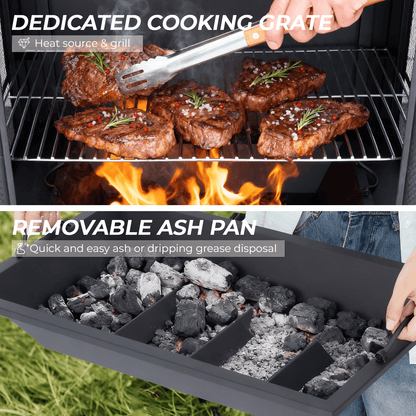 EROMMY 57" Outdoor Fireplace, Tile Finish Wood Burning Steel Fire Pit with Removable Ash Pan & Grate, Chimney, Fire Poker, Rain Cover