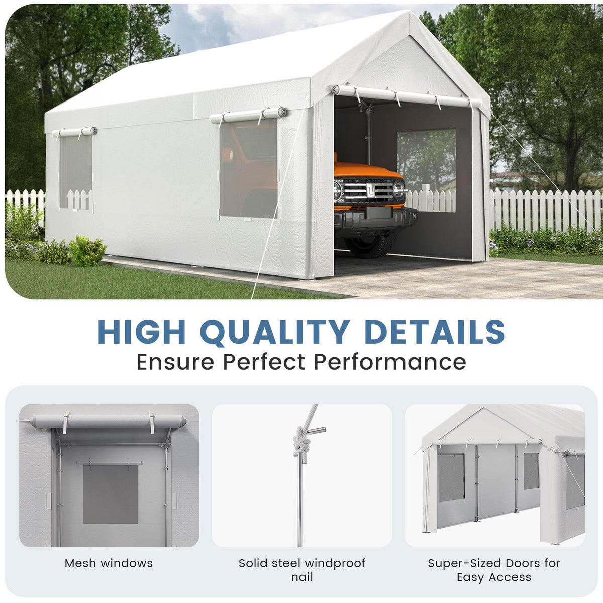 EROMMY Carport, 10' x 20' Heavy Duty Carport with Roll-up Windows，Portable Garage with Removable Sidewalls, Car Canopy  for Truck, Tractor, Boat, White