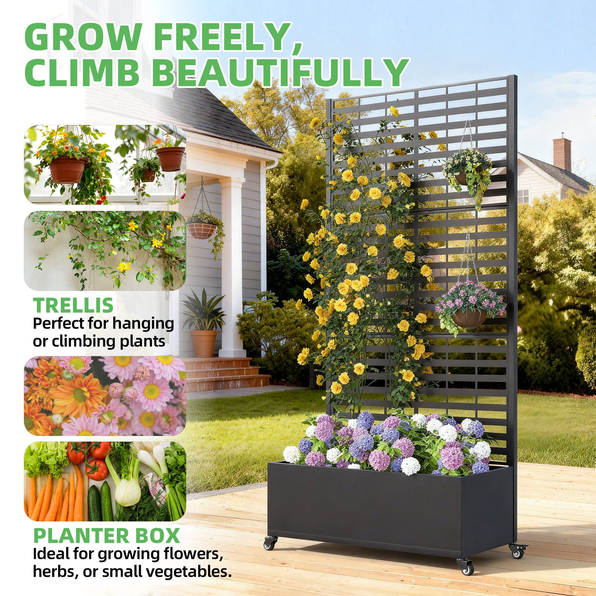 EROMMY Metal Planter Box with Trellis, 73"x 35"x 16" Raised Garden Bed with Wheels and Drainage Holes, Planter with Trellis for Garden, Balcony and Patio, Black Louvered