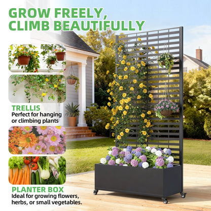 EROMMY Metal Planter Box with Trellis, 73"x 35"x 16" Raised Garden Bed with Wheels and Drainage Holes, Planter with Trellis for Garden, Balcony and Patio, Black Louvered