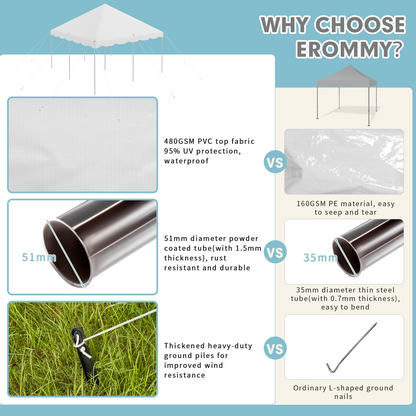 EROMMY 15x15ft Pole Party Tent, Heavy Duty Outdoor Canopy with Carry Bags, Large White Event Tent for 40 People, Ideal for Parties, Weddings, and Gatherings