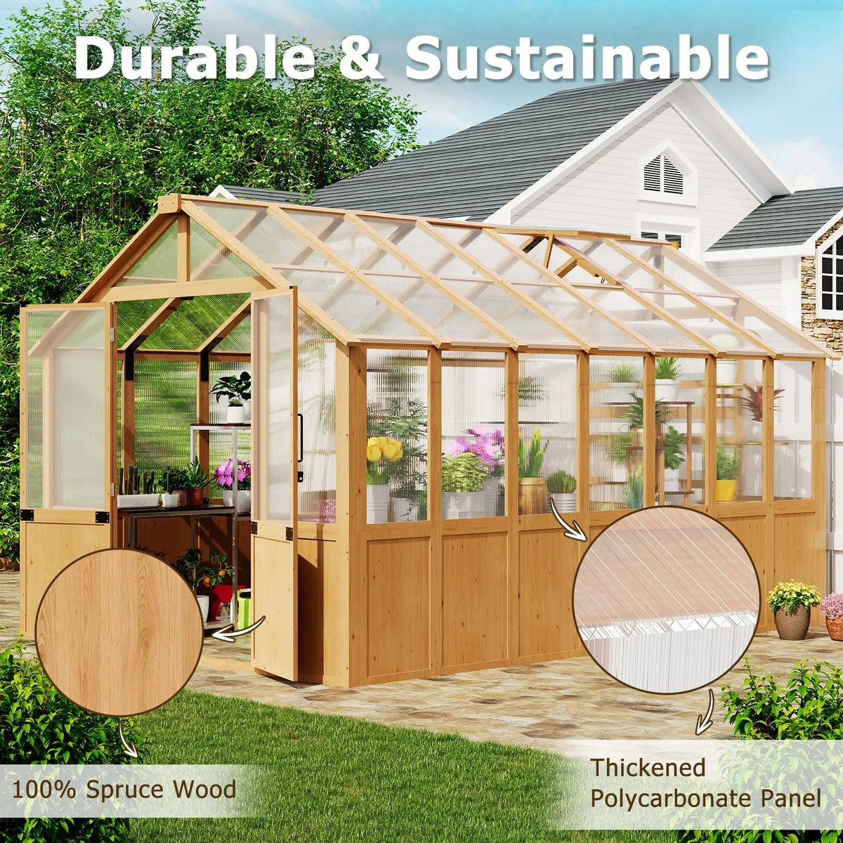EROMMY 8x12 FT Wooden Greenhouse for Outdoors, Large Walk-in Greenhouse Kit with 4mm Polycarbonate Panels, Adjustable Roof Vent, Lockable Door, Outdoor Greenhouse for Backyard Garden