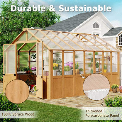 EROMMY 8x12 FT Wooden Greenhouse for Outdoors, Large Walk-in Greenhouse Kit with 4mm Polycarbonate Panels, Adjustable Roof Vent, Lockable Door, Outdoor Greenhouse for Backyard Garden