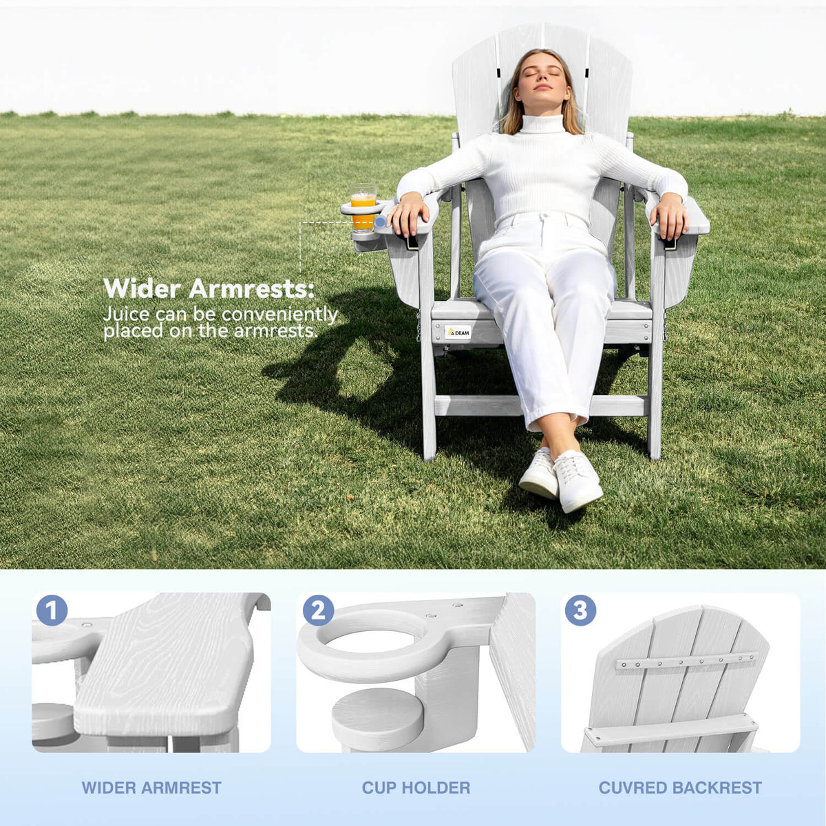 EROMMY 3-Position Adjustable Adirondack Chairs Set of 4, 400LBS HDPE Folding Outdoor Chairs with Cup Holder, White