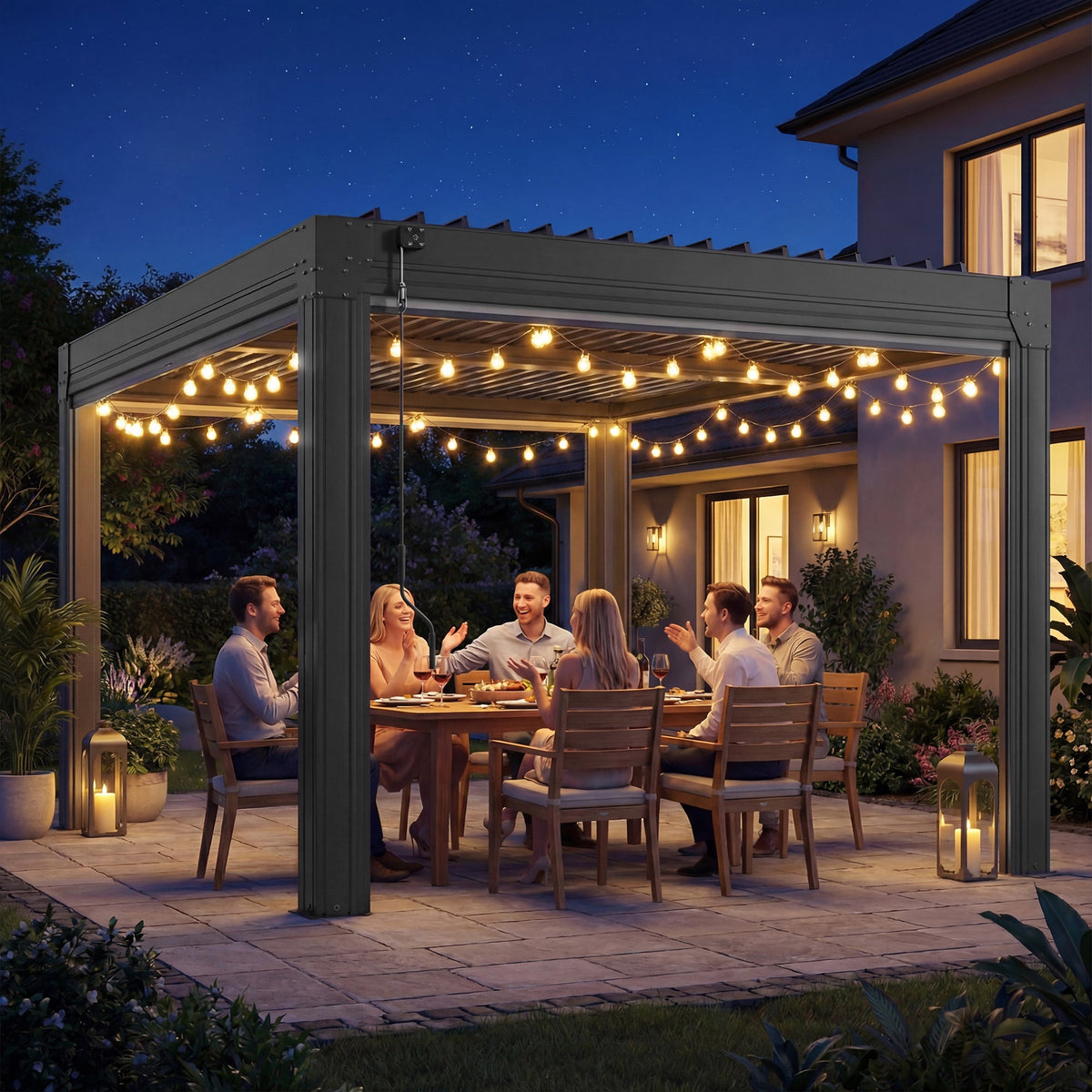 EROMMY 10' x 12' Louvered Pergola with Pull-Down Screens, Aluminum Outdoor Pergola with Retractable Roof for Patios, Decks & Backyards, Black