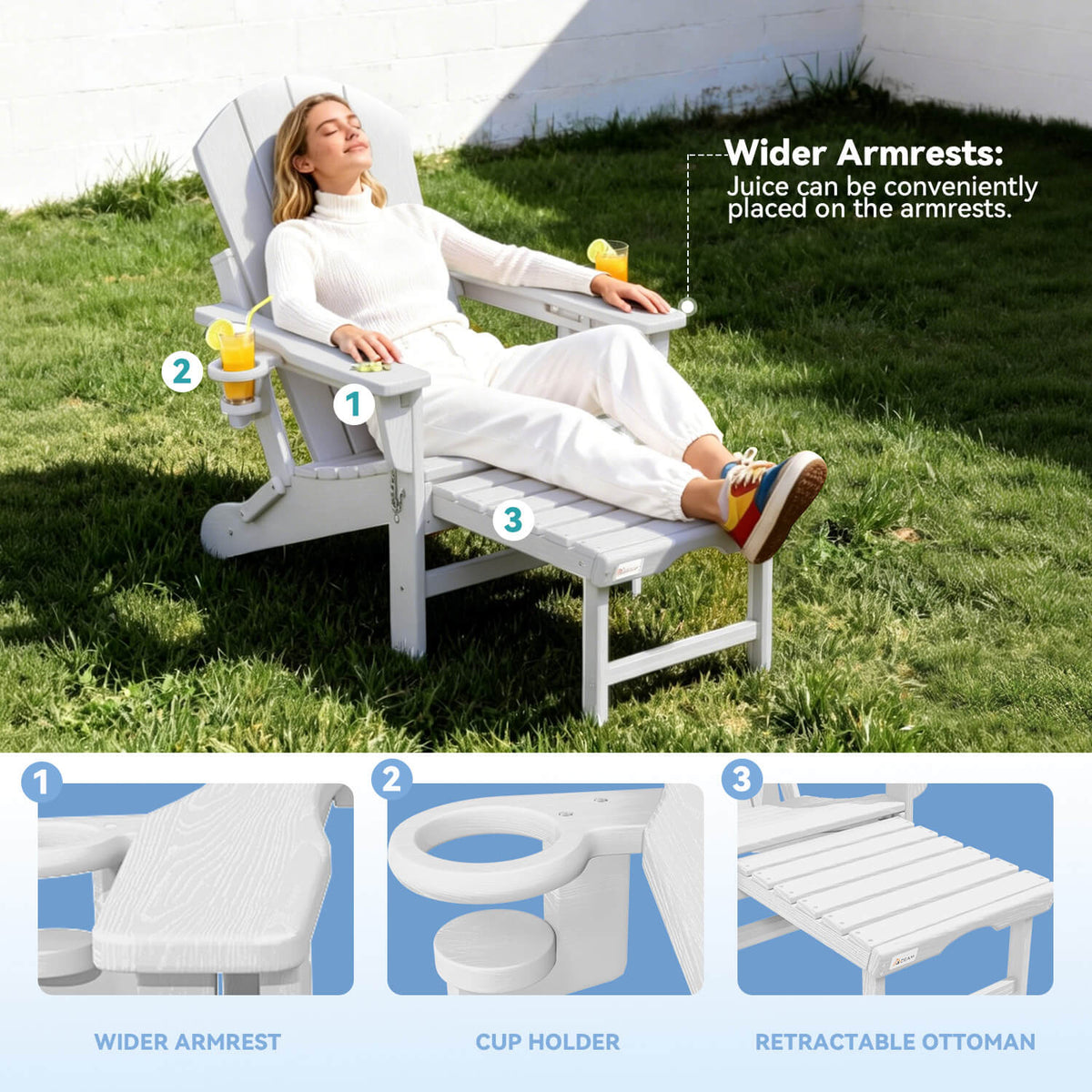 EROMMY 3-Level  Adjustable Adirondack Chair with Retractable Ottoman, Folding HDPE Outdoor Chair with Cup Holders, White