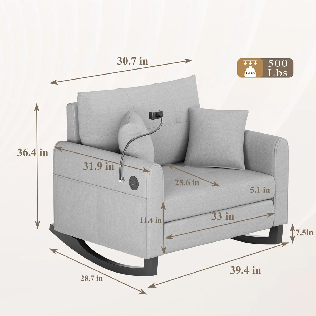 EROMMY Upholstered Oversize Rocking Chair with Adjustable Phone Handle, Nursery Rocking Chair with High Back and Side Pocket USB Port, Gray