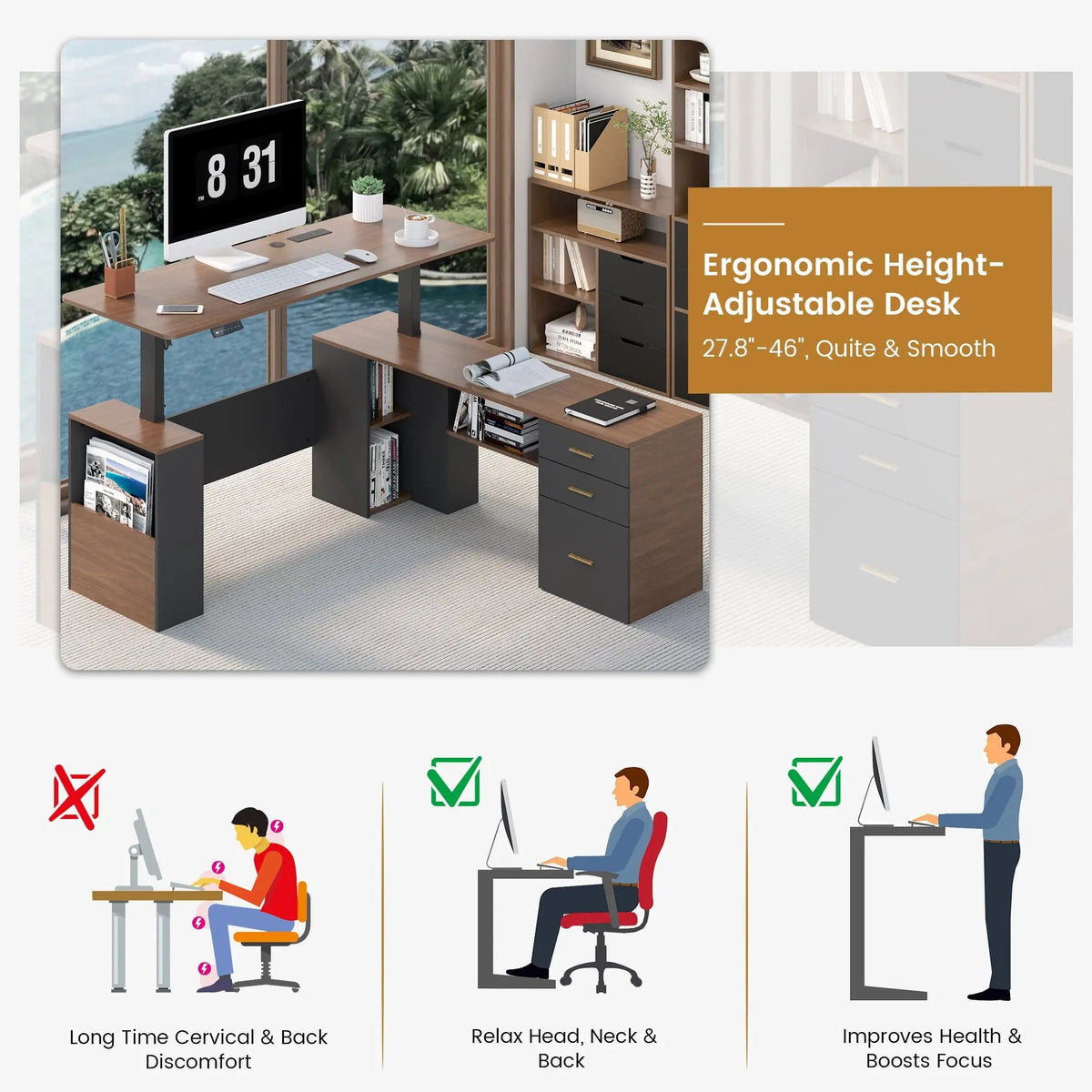 EROMMY 63" L Shaped Electric Standing Desk with Storage, Executive Adjustable Height with Power Outlets and Privacy Panel, Walnut Black