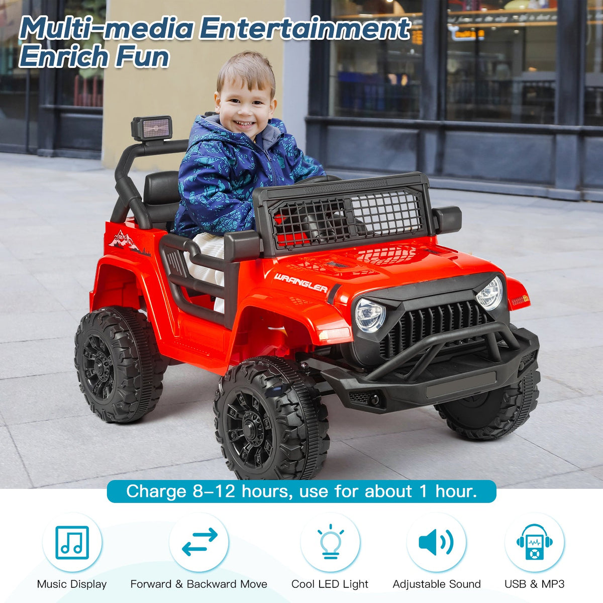 EROMMY 12V Kids Electric Ride On Truck with Remote Control, Safety Belt, Music, Lights and Suspension, Red