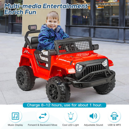 EROMMY 12V Kids Electric Ride On Truck with Remote Control, Safety Belt, Music, Lights and Suspension, Red
