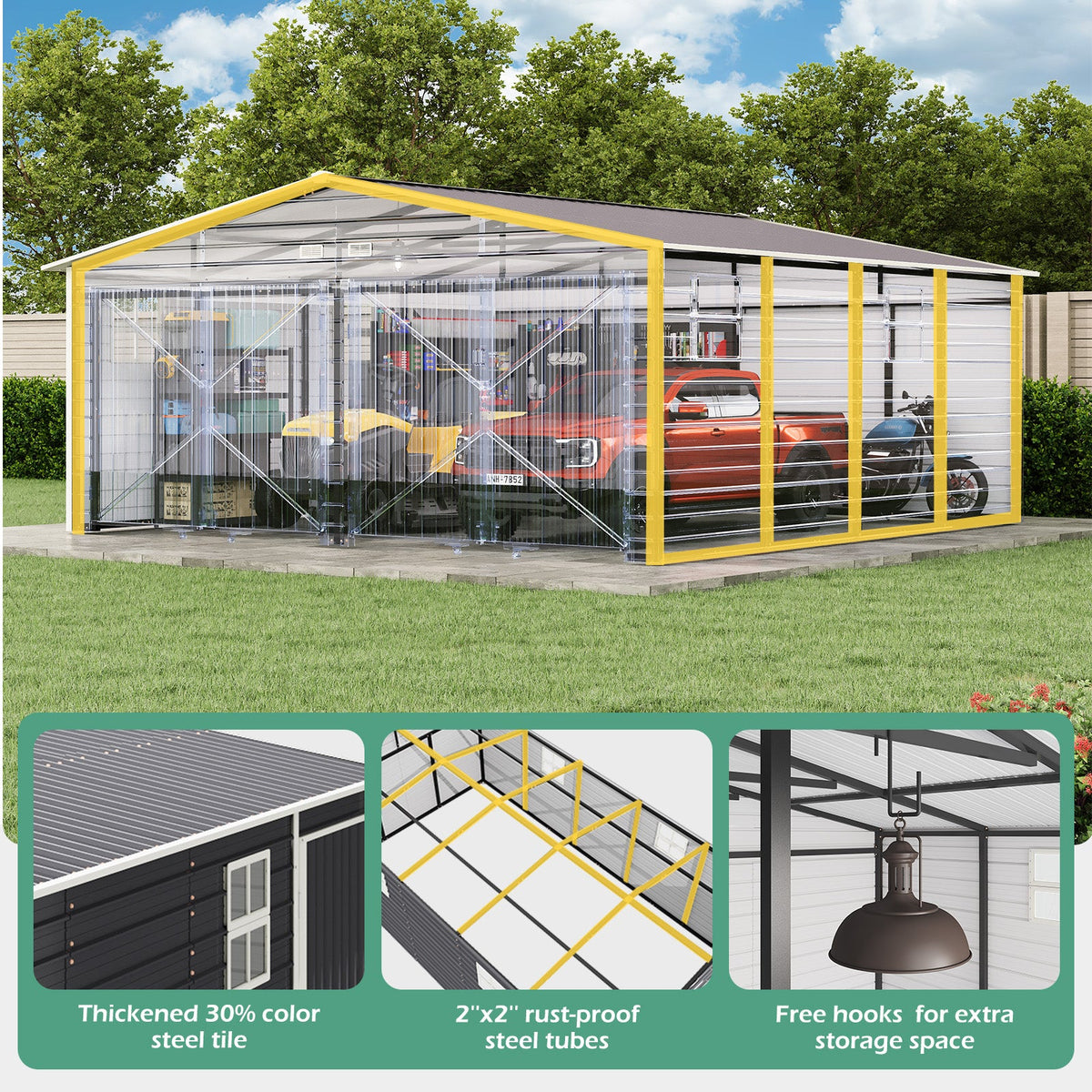 EROMMY 20x20 FT Heavy Duty Carport - Galvanized Steel Frame Car Shelter with Reinforced Base, Enclosed Storage Shed for Cars & Trucks, Grey
