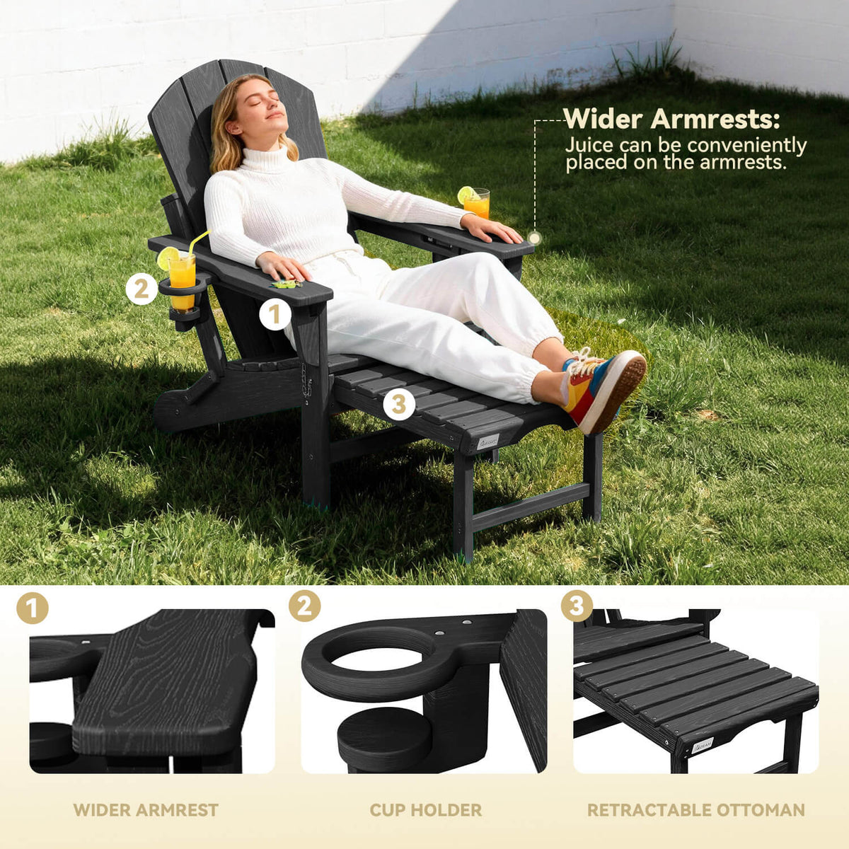 EROMMY 3-Level  Adjustable Adirondack Chair with Retractable Ottoman, Folding HDPE Outdoor Chair with Cup Holders, Black