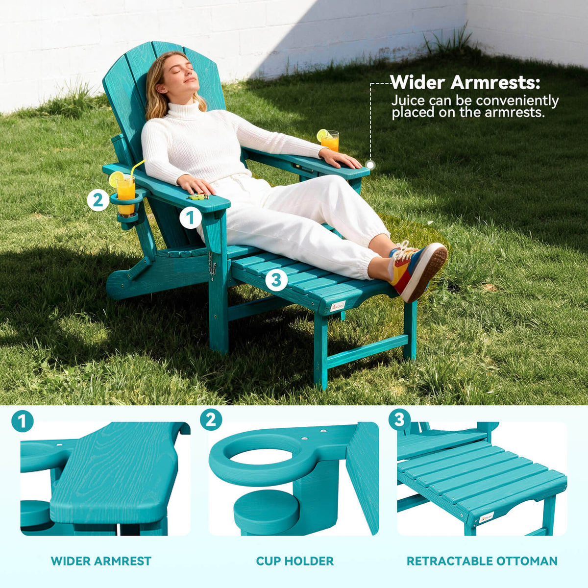 EROMMY 3-Level  Adjustable Adirondack Chair with Retractable Ottoman, Folding HDPE Outdoor Chair with Cup Holders, Aruba Blue