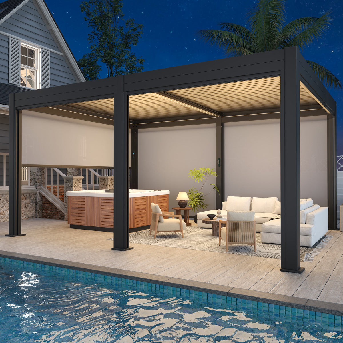EROMMY 12' x 16' Outdoor Pergola with LED Lights, Aluminum Gazebo with Motorized Louvers & Side Screens for Patio, Backyard & Poolside, Black (Ship Before November)