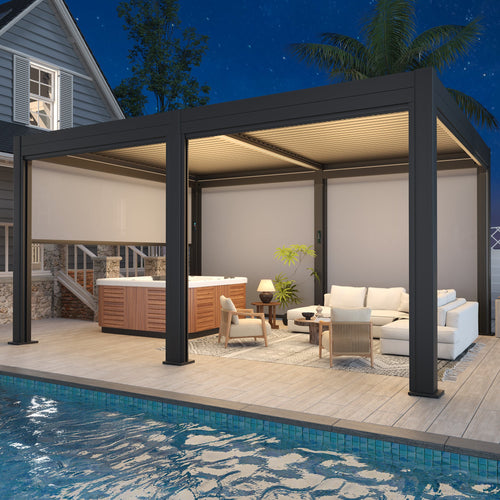 EROMMY 12' x 16' Outdoor Pergola with LED Lights, Aluminum Gazebo with Motorized Louvers & Side Screens for Patio, Backyard & Poolside, Black (Ship Before November)