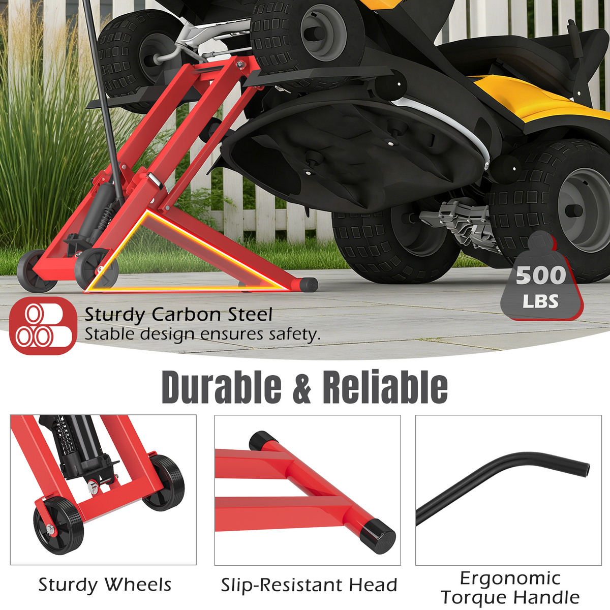 EROMMY 500LB Hydraulic Mower Lift for 40-47.6" Axle, 24" Lawn Tractor Jack with 3-Height Adjustment, Red