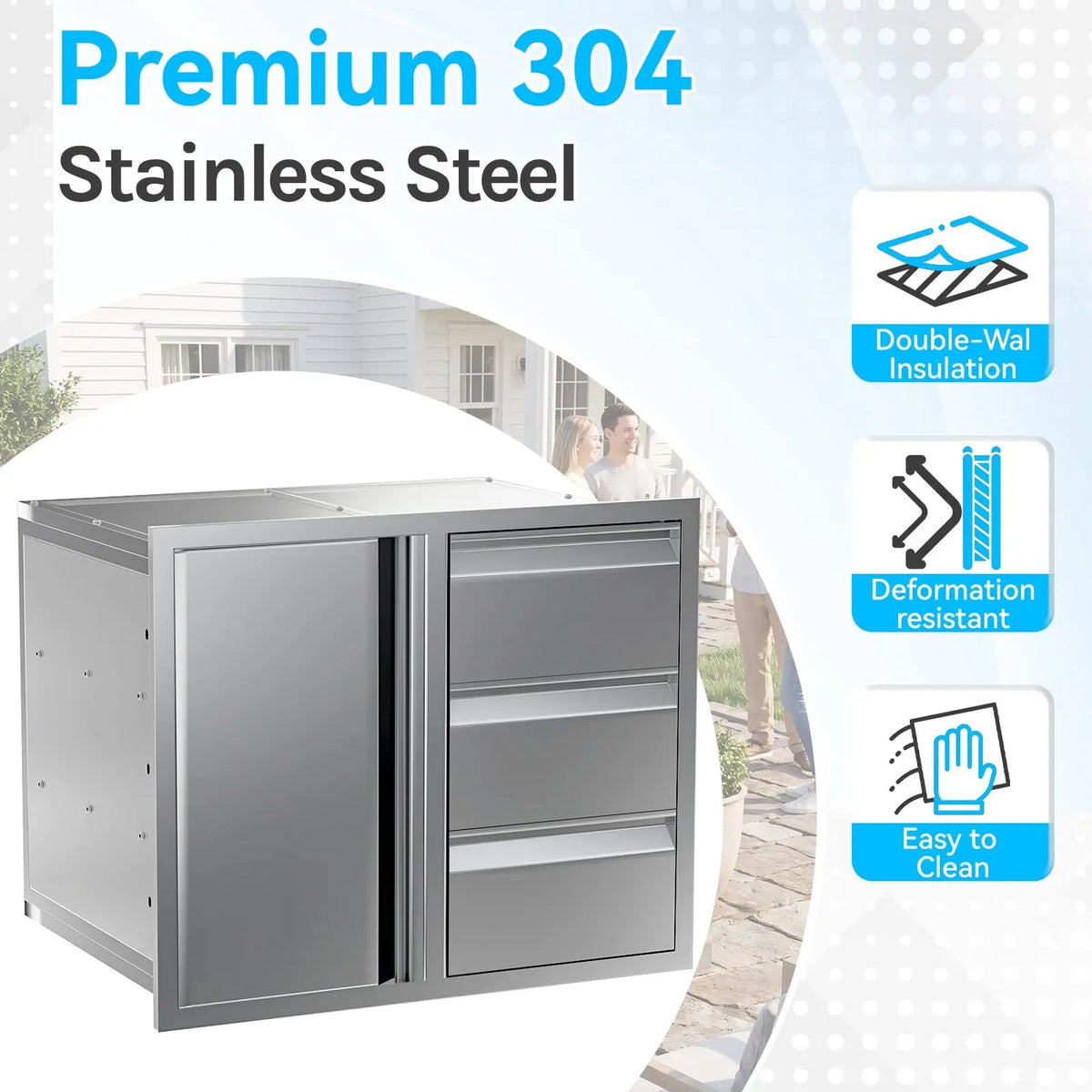 EROMMY Outdoor Kitchen Drawer and Trash Bin Combo - 28"Wx20"Dx23"H Built-in 304 Stainless Steel Cabinet with Triple Drawers & Pull-Out Trash Drawer, Silver