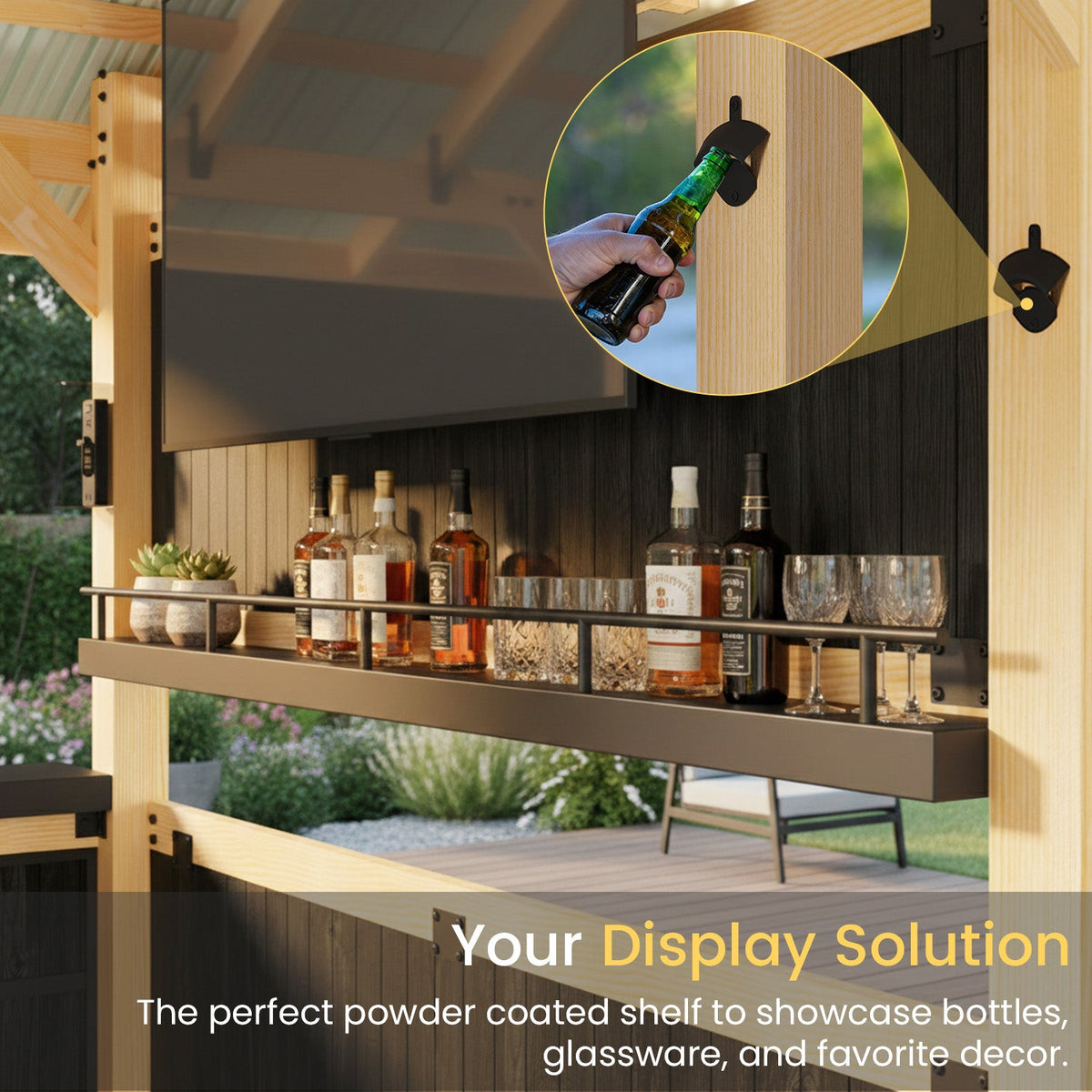EROMMY 9' x 6' Bar Gazebo with TV Mount, Wood Outdoor Entertaining  Bar Set with Galvanized Steel Roof, Grill Gazebo For Patio