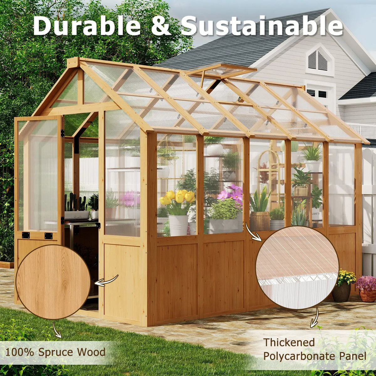 EROMMY 6x10 FT Wooden Greenhouse for Plants and Vegetables
