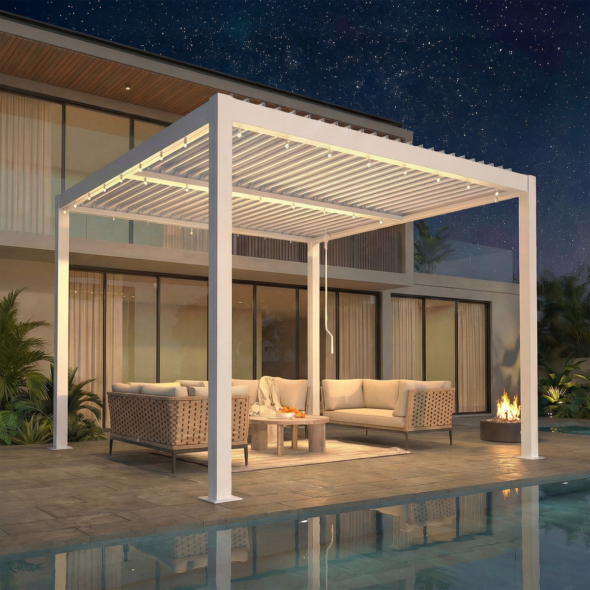 EROMMY 10' x 10' Outdoor Pergola with Adjustable Louvered Roof & Integrated Drainage, White