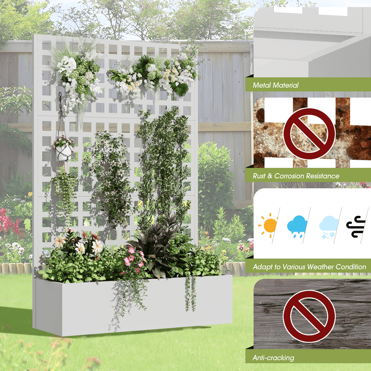 EROMMY Metal Planter Box with Trellis, 71"x 47"x 16" Raised Garden Bed with Trellis, Planter Box Trellis with Privacy Screen and Drainage Holes, White