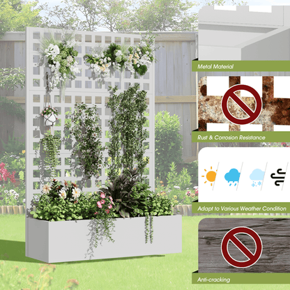 EROMMY Metal Planter Box with Trellis, 71"x 47"x 16" Raised Garden Bed with Trellis, Planter Box Trellis with Privacy Screen and Drainage Holes, White