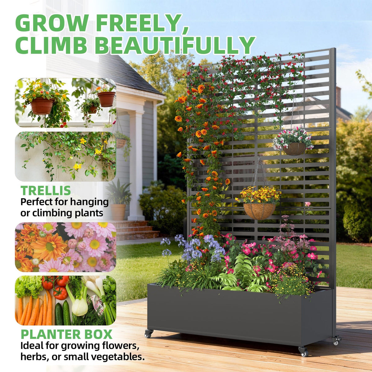 EROMMY Metal Planter Box with Trellis, 73"x 47"x 16" Raised Garden Bed with Wheels and Drainage Holes, Planter with Trellis for Garden, Balcony and Patio, Black