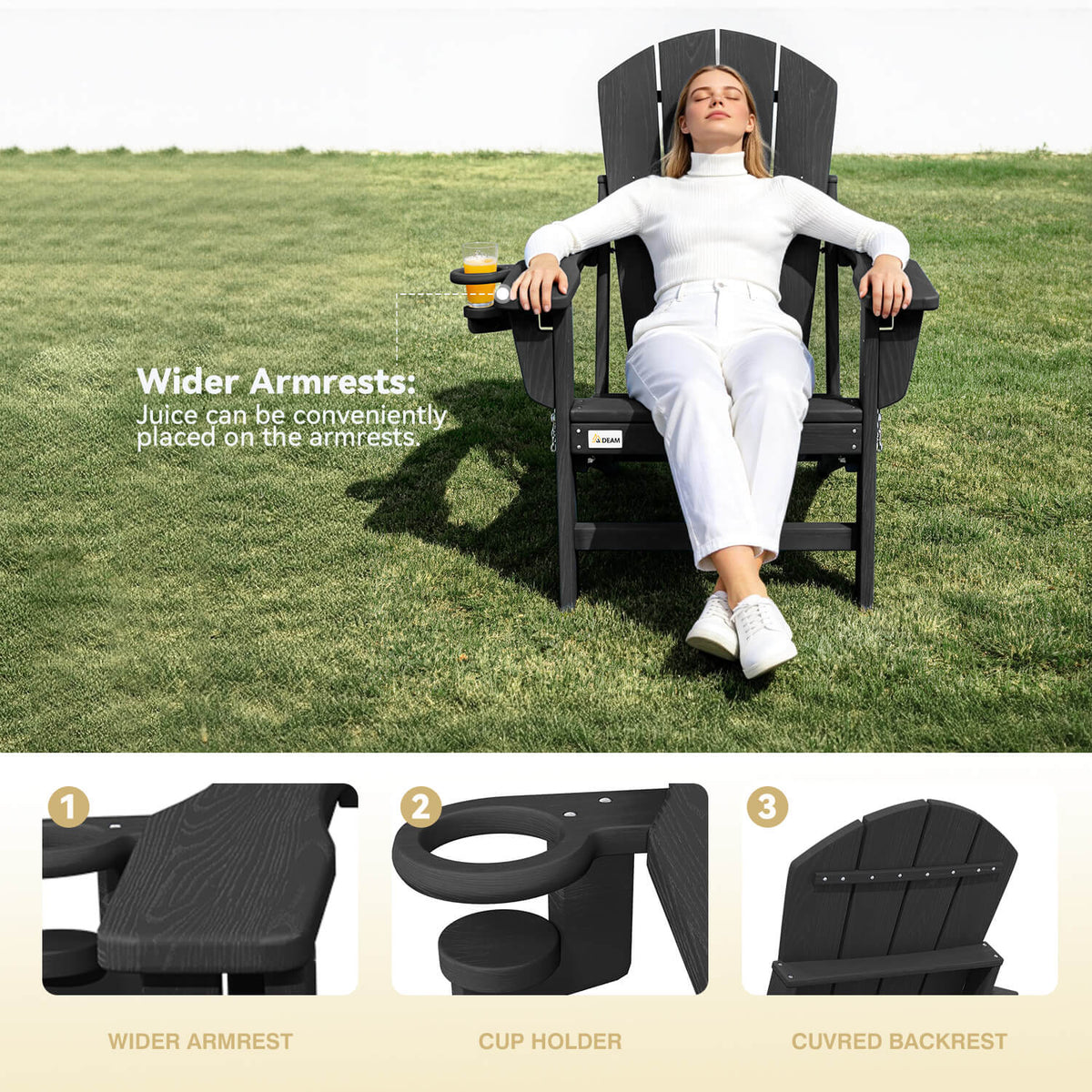 EROMMY 3-Position Adjustable Adirondack Chairs Set of 4, 400LBS HDPE Folding Outdoor Chairs with Cup Holder, Black