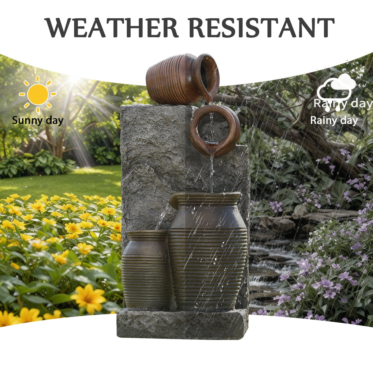 EROMMY 29.9"Tall Outdoor Solar Power Water Fountain - Resin Pottery Cascade Garden Water Fountain with LED Lights Effect  for Patio Deck Yard Home,Brown