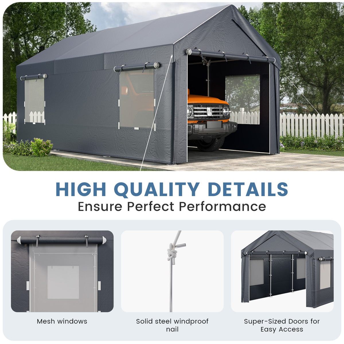 EROMMY Carport, 10' x 20' Heavy Duty Carport with Roll-up Windows，Portable Garage with Removable Sidewalls, Car Canopy for Truck, Tractor, Boat, Gray