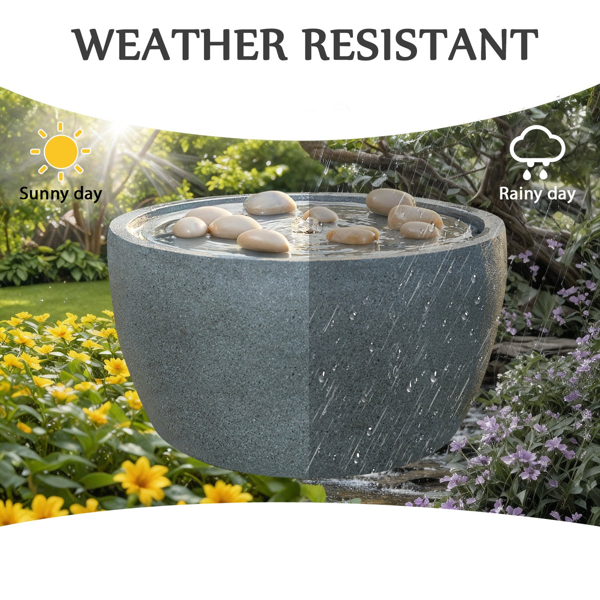 EROMMY 10.6"Tall Outdoor Water Fountain - Resin Garden Water Feature with LED Lights Effect, Gray