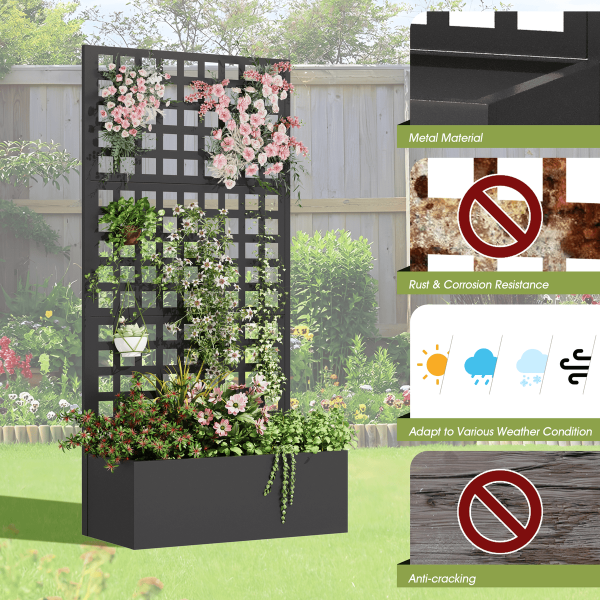 EROMMY Metal Planter Box with Trellis, 71"x 35"x 16" Raised Garden Bed with Trellis, Planter Box Trellis with Privacy Screen and Drainage Holes, Black