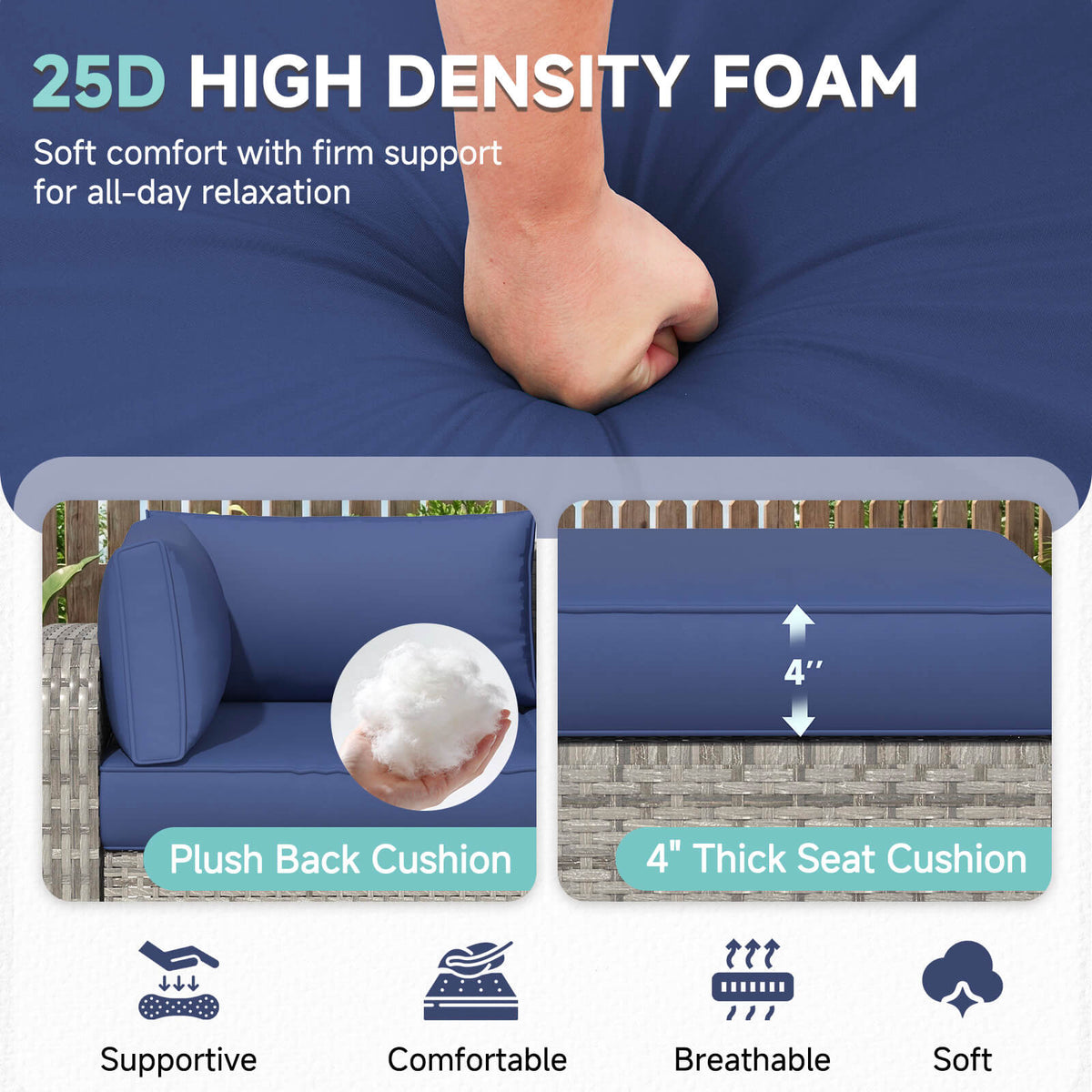 EROMMY 9-Piece Outdoor Sectional Cushions for 4-Seat Sofa, Waterproof Deep Seat w/ Non-Slip & Machine Washable Covers, Navy Blue