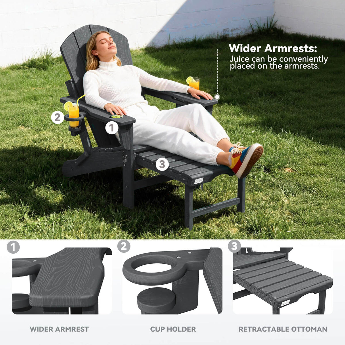EROMMY 3-Level  Adjustable Adirondack Chair with Retractable Ottoman, Folding HDPE Outdoor Chair with Cup Holders, Gray