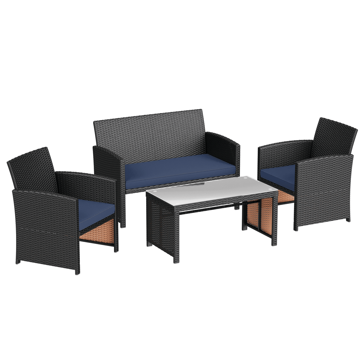 EROMMY 4-Piece Patio Furniture Set, Outdoor Wicker Patio Conversation Set with Cushions, Sofa & Glass Coffee Table, Navy Blue