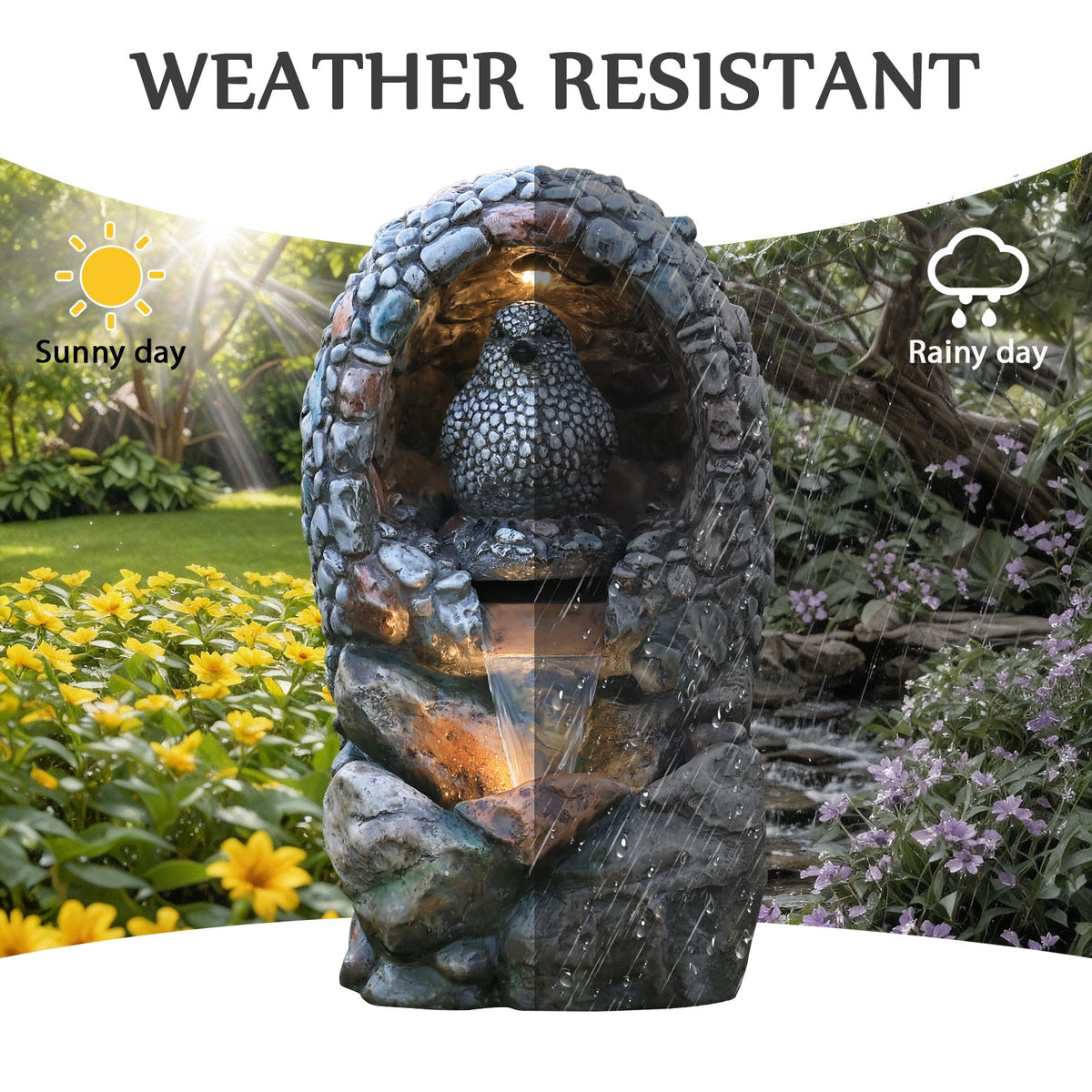 EROMMY Outdoor Water Fountain - Rock-Hollow Bird Outdoor Waterfall Fountain with LED Lights Effect for Patio Deck Yard Home, Gray