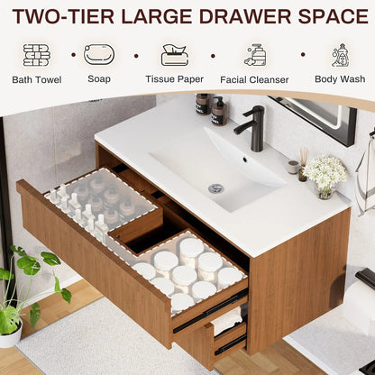EROMMY 36 Inch Bathroom Vanity with Sink, Floating Bathroom Vanity with 2 Large Storage Drawers, Wood Grain Wall Mounted Bathroom Cabinet, Walnut
