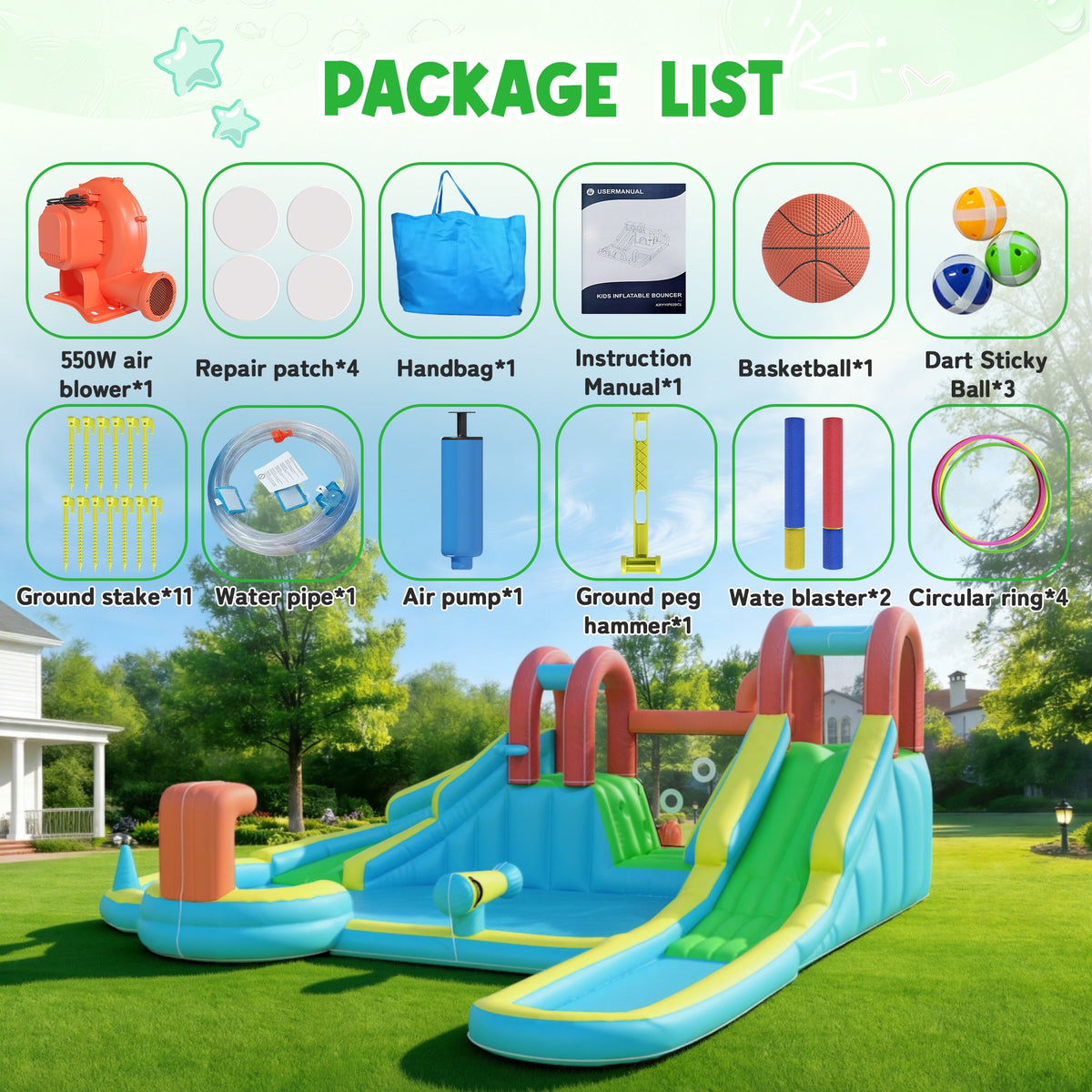 EROMMY Inflatable Water Slide,10 in 1 Double Water Slide Bounce House for Kids 3-12 with Blower, Splash Pool, Water Cannon, Climbing Wall, Basketball Hoop for Kids Indoor Outdoor Backyard