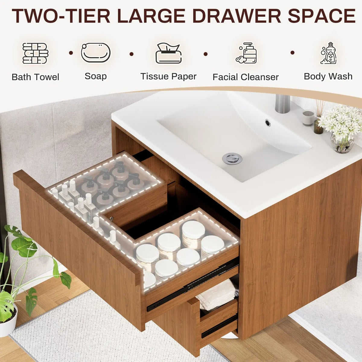 EROMMY 24 Inch Bathroom Vanity with Sink, Floating Bathroom Vanity with 2 Large Storage Drawers, Wood Grain Wall Mounted Bathroom Cabinet, Walnut