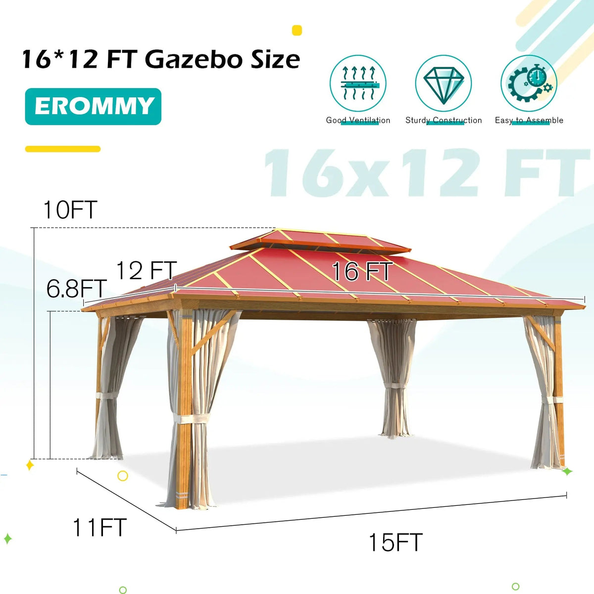 EROMMY 12X16 Waterproof Gazebo with Aluminum Double Roof