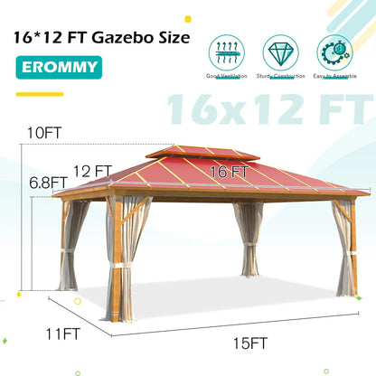 EROMMY 12X16 Waterproof Gazebo with Aluminum Double Roof