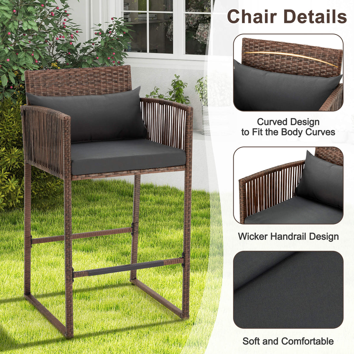 EROMMY 3-Piece Patio Wicker Bar Set, Rattan Bar Table & Stools with Cushion Covers (Blue/Gray)
