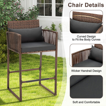 EROMMY 3-Piece Patio Wicker Bar Set, Rattan Bar Table & Stools with Cushion Covers (Blue/Gray)
