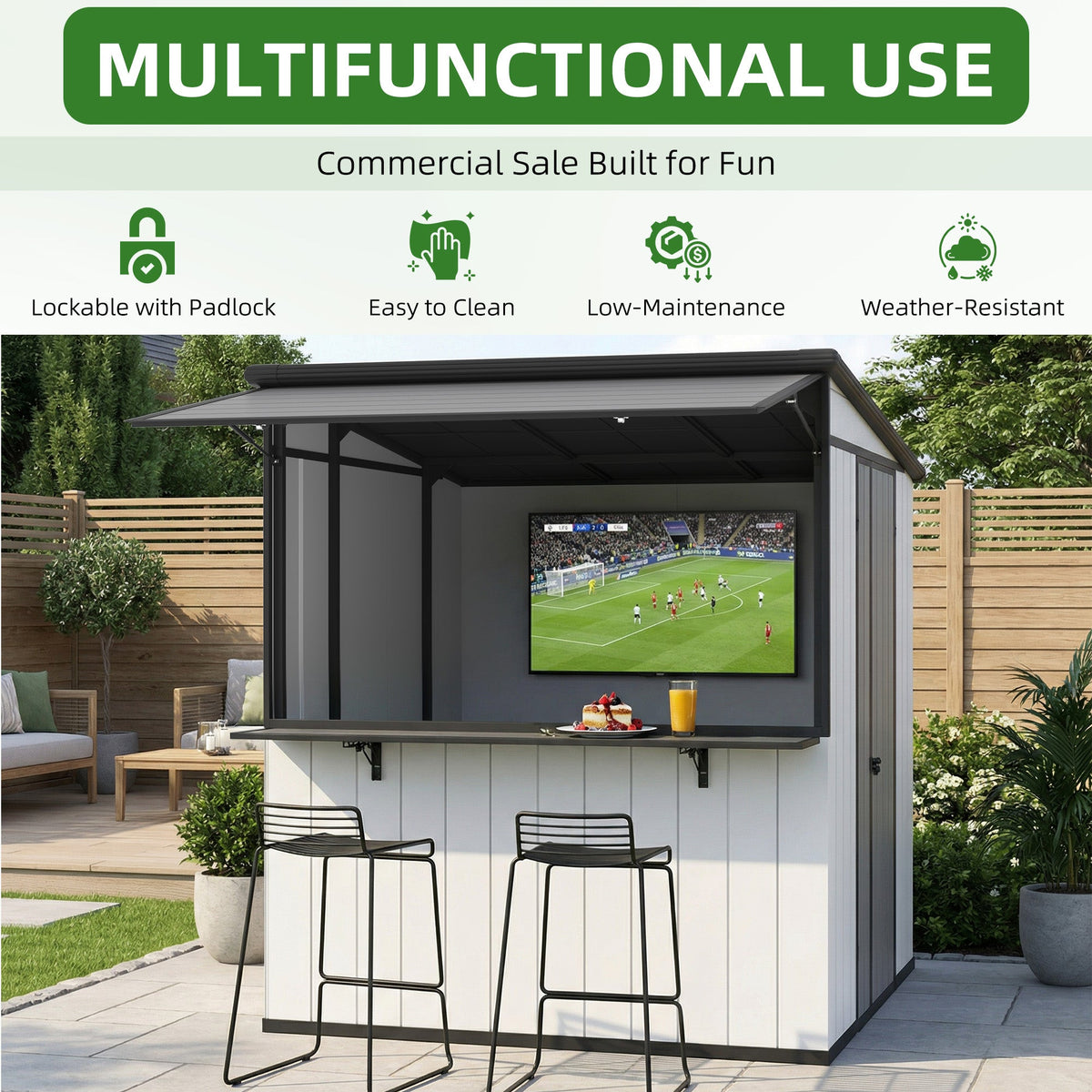 EROMMY 7x6 FT Outdoor Storage Shed with Foldable Bar Counter & Hydraulic Support Overhang, Metal Shed Backyard Bar Cabana, Lockable Small Shed for Outdoor Storage