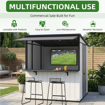 EROMMY 7x6 FT Outdoor Storage Shed with Foldable Bar Counter & Hydraulic Support Overhang, Metal Shed Backyard Bar Cabana, Lockable Small Shed for Outdoor Storage
