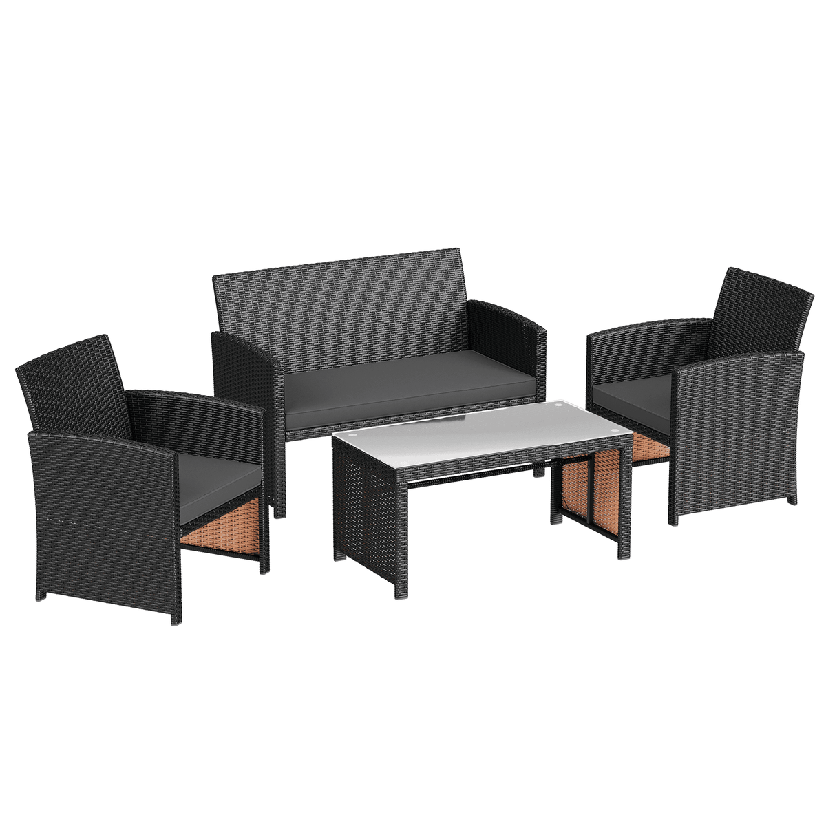 EROMMY 4-Piece Patio Furniture Set, Outdoor Wicker Patio Conversation Set with Cushions, Sofa & Glass Coffee Table, Gray