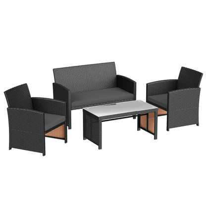 EROMMY 4-Piece Patio Furniture Set, Outdoor Wicker Patio Conversation Set with Cushions, Sofa & Glass Coffee Table, Gray